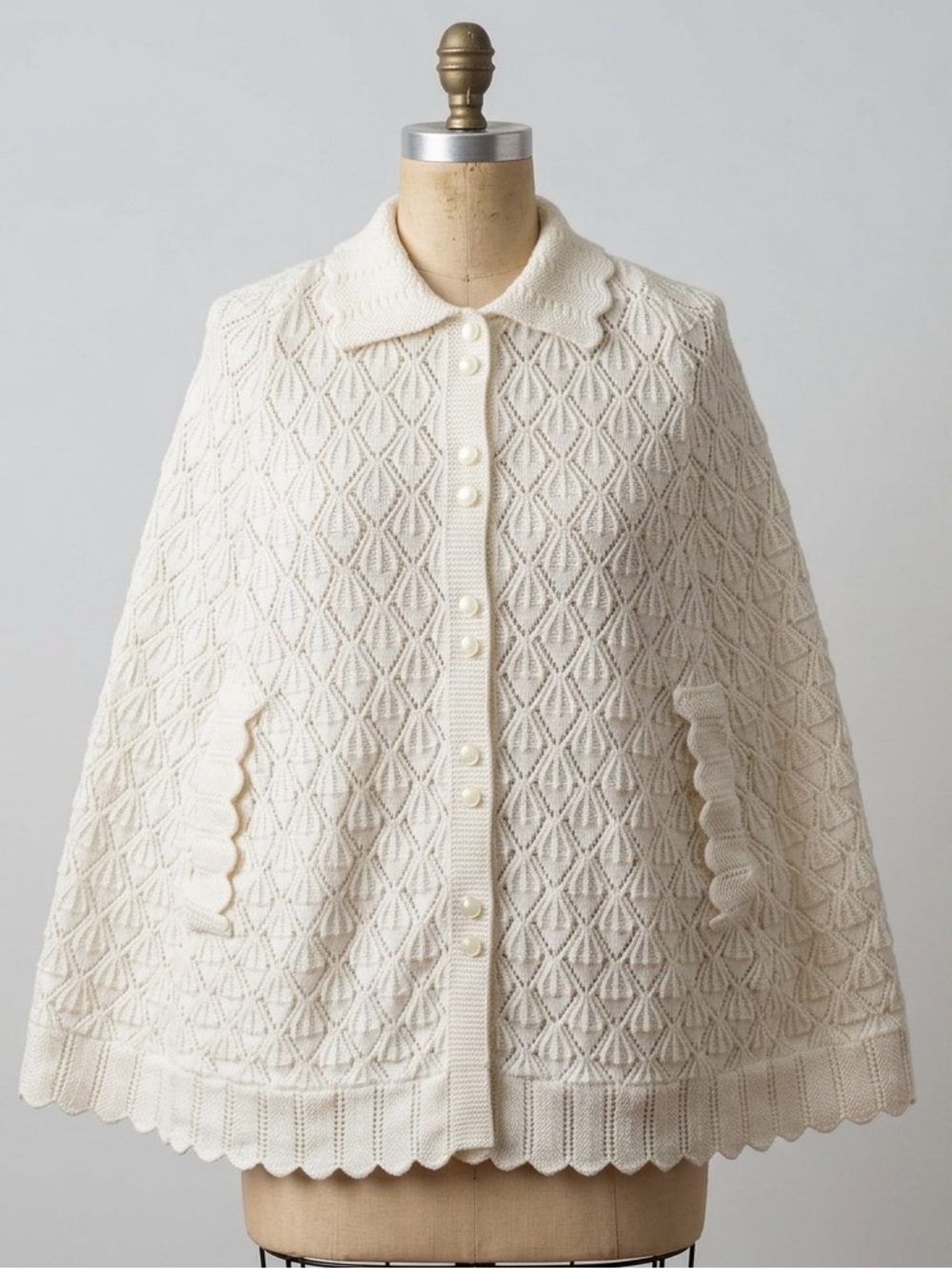 Vintage 70s Knit Poncho Layering Button Cape Boho
